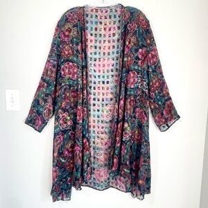 Sheer Floral Velvet Burnout Kimono Duster | Boho Open Front Layering Piece